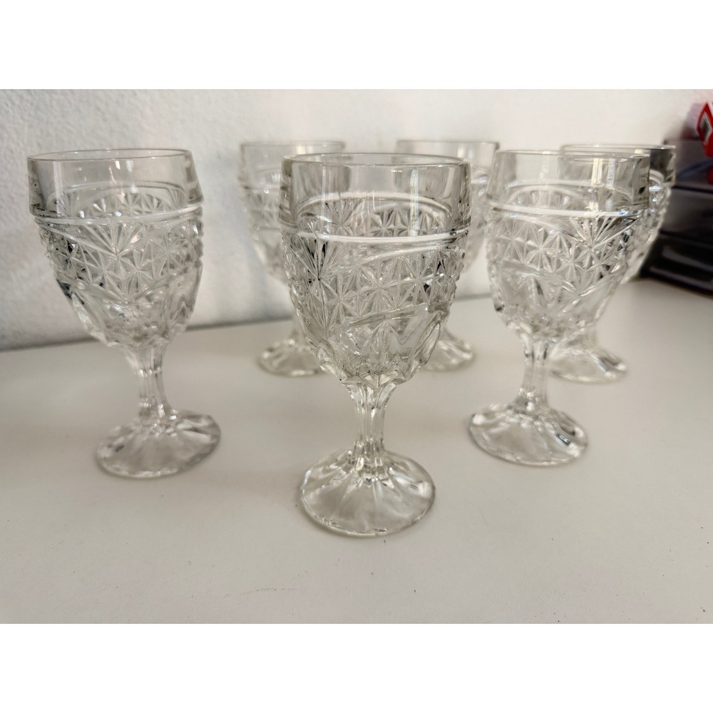 Vintage Cut Crystal Wine Goblets Set of 6 Diamond Starburst Pattern Clear Glass